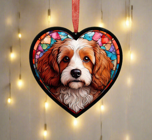 Cavapoo Brown & White Stained Glass Effect Heart Suncatcher